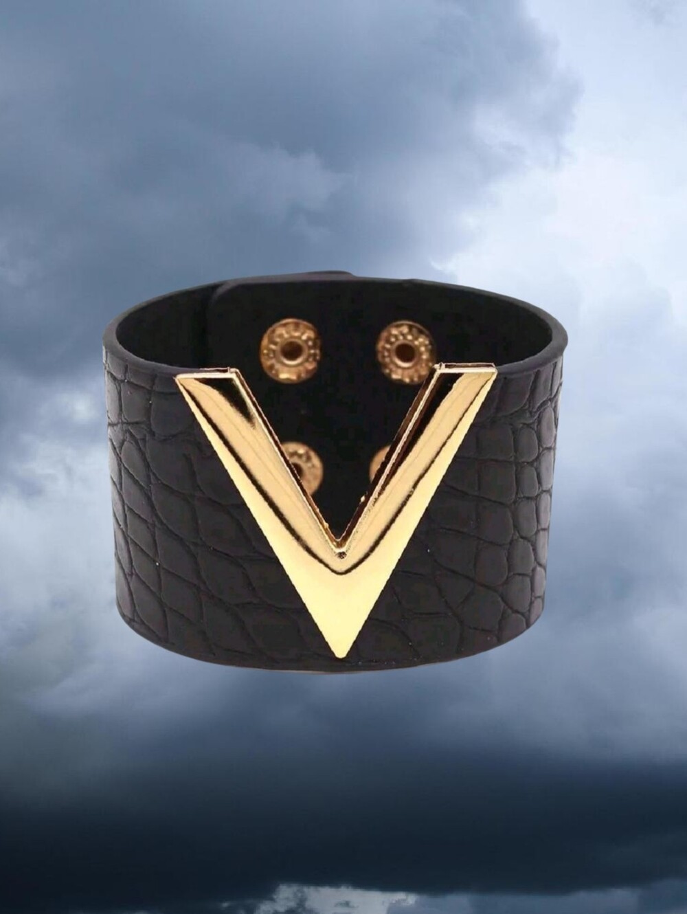 Punk Cuff Bracelet Grunge Gothic Glam V Design Black Gold Snap Closure Bracelet